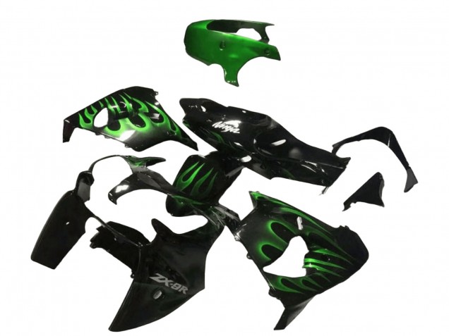 2000-2001 Kawasaki ZX9R Motorcycle Fairings - Glossy Black Green Flame Canada Websites