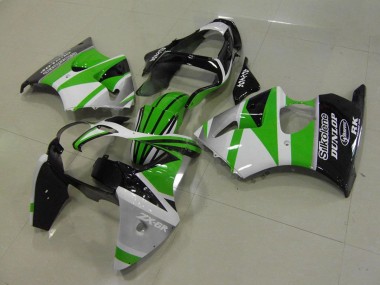 2000-2002 Kawasaki ZX6R Motorcycle Fairings - White Green Glossy Black Stripe Silkolene Dunlop Canada Websites