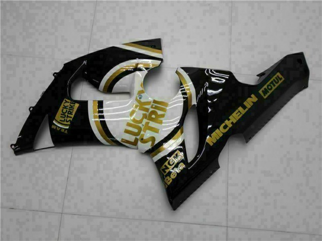 2005-2006 Kawasaki ZX6R Motorcycle Fairings - Glossy Black White Gold Lucky Strike Canada Websites