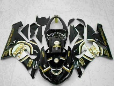 2005-2006 Kawasaki ZX6R Motorcycle Fairings - Glossy Black White Gold Lucky Strike Canada Websites