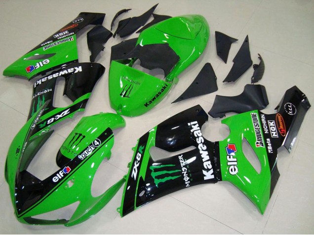 2005-2006 Kawasaki ZX6R Motorcycle Fairings - Green Glossy Black Elf Monster Canada Websites