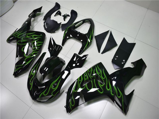 2006-2007 Kawasaki ZX10R Motorcycle Fairings - Glossy Black Green Flame Canada Websites