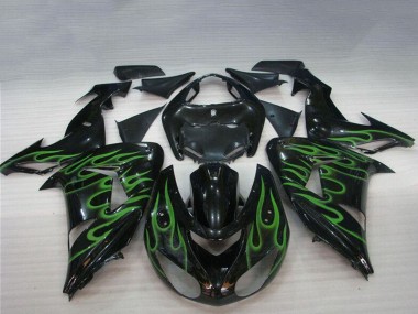 2006-2007 Kawasaki ZX10R Motorcycle Fairings - Glossy Black Green Flame Canada Websites