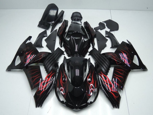 2006-2011 Kawasaki ZX14R ZZR1400 Motorcycle Fairings - Glossy Black Red Flame Canada Websites
