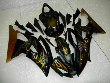2008-2016 Yamaha YZF R6 Motorcycle Fairings - Glossy Black Gold Flame Canada Websites