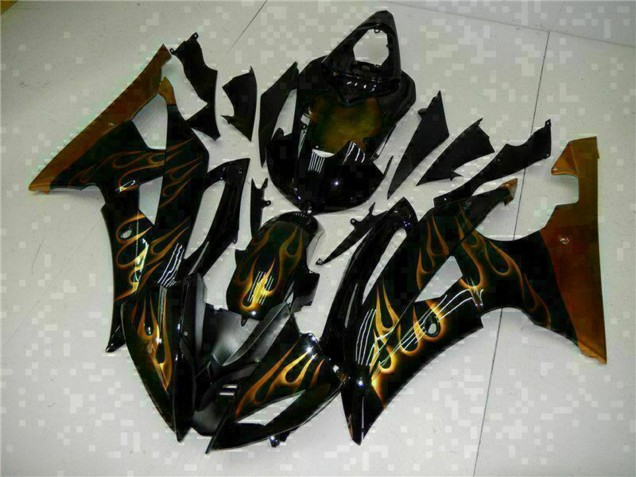 2008-2016 Yamaha YZF R6 Motorcycle Fairings - Glossy Black Gold Flame Canada Websites