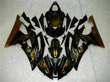 2008-2016 Yamaha YZF R6 Motorcycle Fairings - Glossy Black Gold Flame Canada Websites