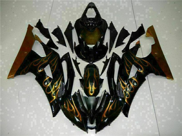 2008-2016 Yamaha YZF R6 Motorcycle Fairings - Glossy Black Gold Flame Canada Websites