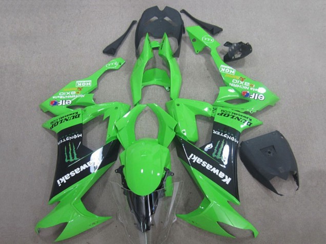 2008-2010 Kawasaki ZX10R Motorcycle Fairings - Green Black Monster Energy Elf Dunlop Canada Websites