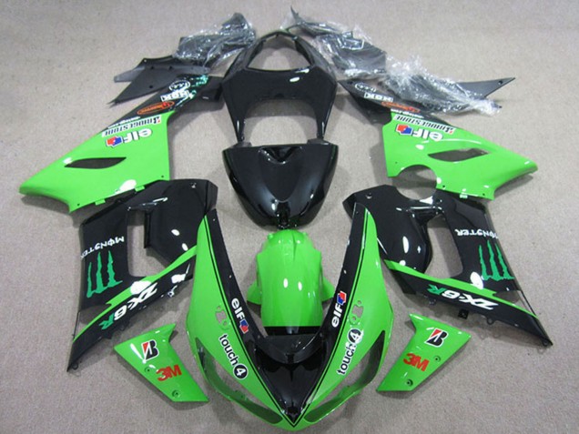 2005-2006 Kawasaki ZX6R Motorcycle Fairings - Glossy Black Green Elf Touch4 Bridgestone Monster Canada Websites