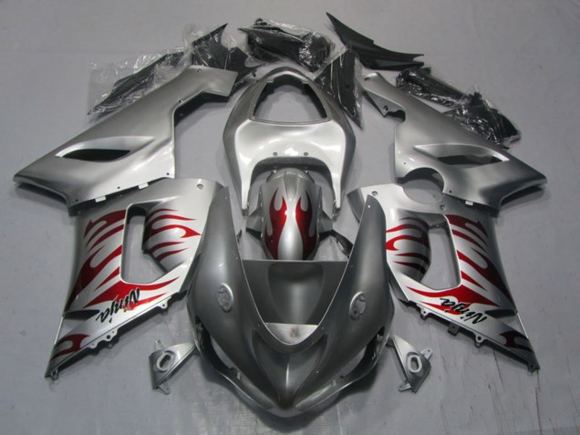 2005-2006 Kawasaki ZX6R Motorcycle Fairings - Silver Red Flame Ninja Canada Websites