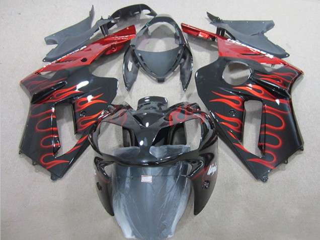 2007-2008 Kawasaki ZX6R Motorcycle Fairing - Black Red Flame Canada Websites