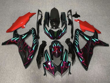 2008-2010 Suzuki GSXR 600 / GSXR 750 Motorcycle Fairings - Glossy Black Red Cyan Flame Canada Websites