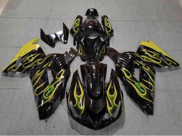 2006-2011 Kawasaki ZX14R Motorcycle Fairings - Glossy Black Yellow Flame Canada Websites
