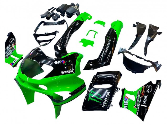 1993-2007 Kawasaki ZZR400 Motorcycle Fairings - Green Glossy Black Green Monster Elf Touch4 Bridgestone Canada Websites