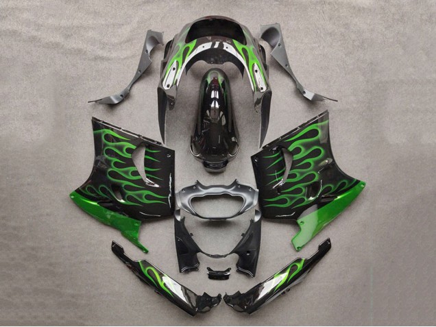1993-2003 Kawasaki ZZR1100 Motorcycle Fairings - Glossy Black Green Flame Canada Websites