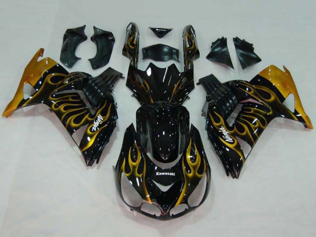 2006-2011 Kawasaki ZX14R ZZR1400 Motorcycle Fairings - Glossy Black Gold Flame Canada Websites