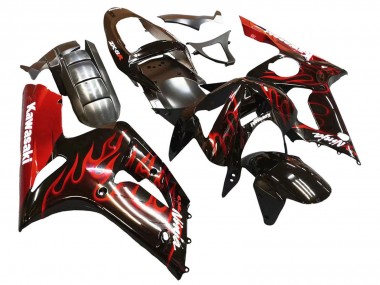 2003-2004 Kawasaki ZX6R Motorcycle Fairings - Glossy Black Red Flame Canada Websites