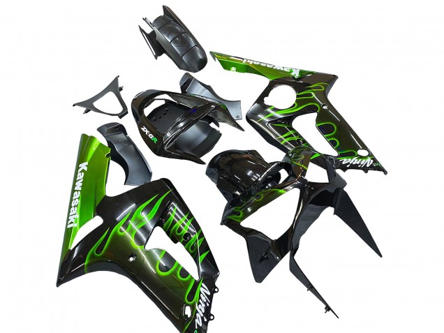 2003-2004 Kawasaki ZX6R Motorcycle Fairings - Glossy Black Green Flame Canada Websites