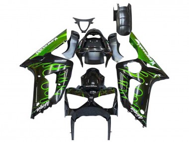 2003-2004 Kawasaki ZX6R Motorcycle Fairings - Glossy Black Green Flame Canada Websites