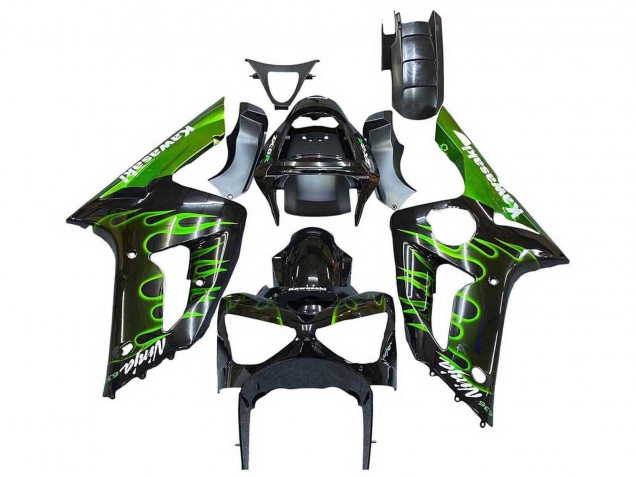 2003-2004 Kawasaki ZX6R Motorcycle Fairings - Glossy Black Green Flame Canada Websites