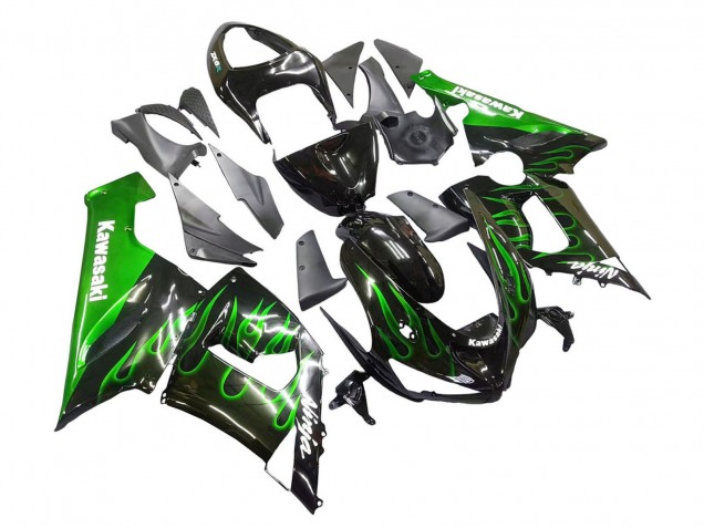 2005-2006 Kawasaki ZX6R Motorcycle Fairing - Glossy Black Green Flame Canada Websites