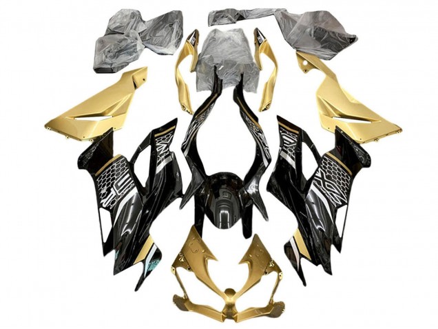 2019-2022 Kawasaki ZX6R Motorcycle Fairings - Gold Glossy Black White Honeycomb Canada Websites