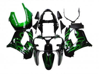 2002-2003 Kawasaki ZX9R Motorcycle Fairings - Black White with Green Flame Canada Websites