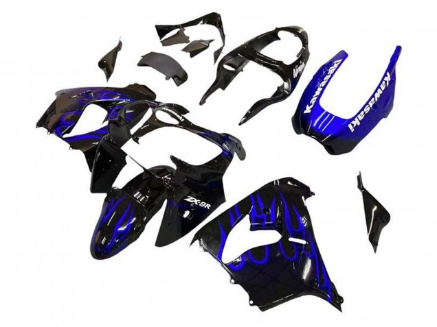 2002-2003 Kawasaki ZX9R Motorcycle Fairings - Black White with Blue Flame Canada Websites