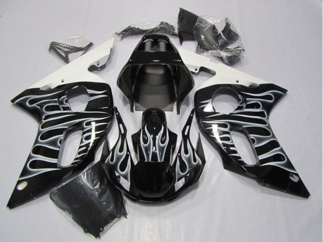 1998-2002 Yamaha YZF R6 Motorcycle Fairings - Glossy Black White Flame Canada Websites