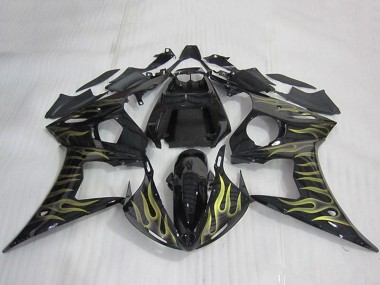 2003-2004 Yamaha YZF R6 Motorcycle Fairings - Glossy Black Gold Flame Canada Websites