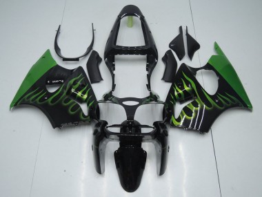 Black with Green Flame 2000-2002 ZX6R Motorcycle Fairings