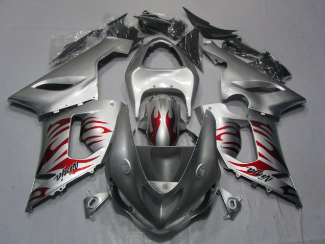 Silver Red Flame Ninja 2005-2006 ZX6R Motorcycle Fairings Silver Red Flame Ninja 2005-2006 ZX6R Motorcycle Fairings